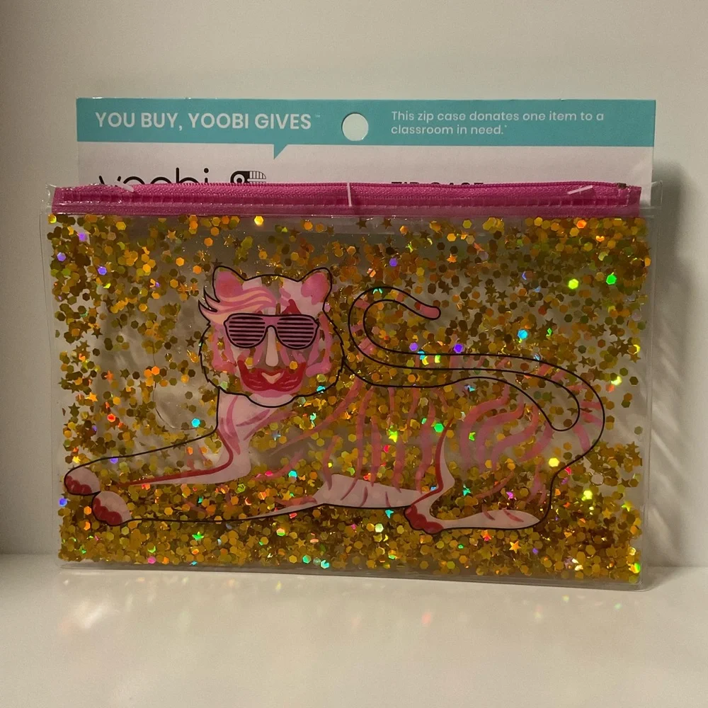 Yoobi Zip Case New Pink Tiger Floating Stars Multi Use Zipper Pouch Make Up Bag